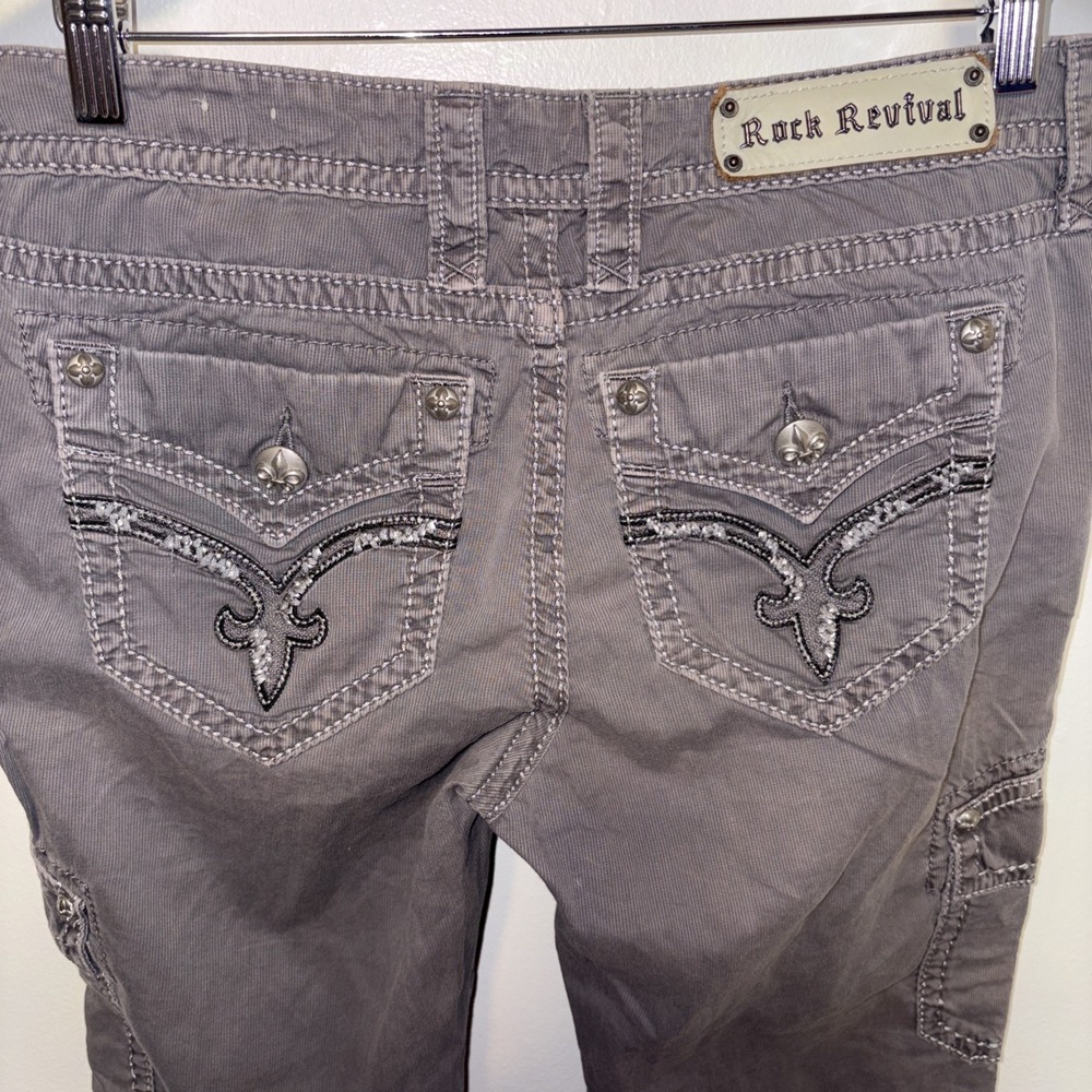 rock revival jeans womens 29 Gray Corduroy Fleu-de-lis‎  Faux Flap Back Pockets